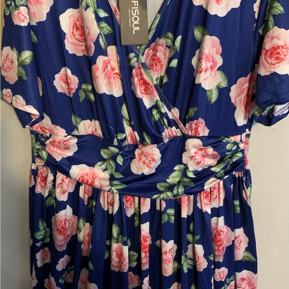 Navy Floral Wrap Maxi Dress with Pink Rose Print - Picture 3 of 7